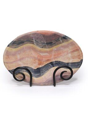 Hand Carved Etched Soapstone Decorative Plate Oval Fish Floral Art Decor